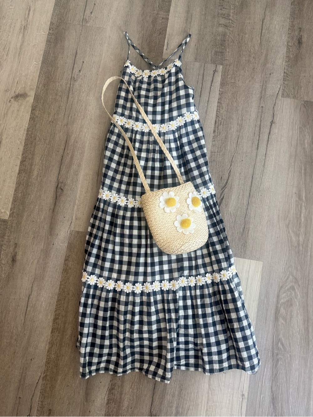 Isaac Mizrahi black and white gingham maxi dress with daisies and matching purse